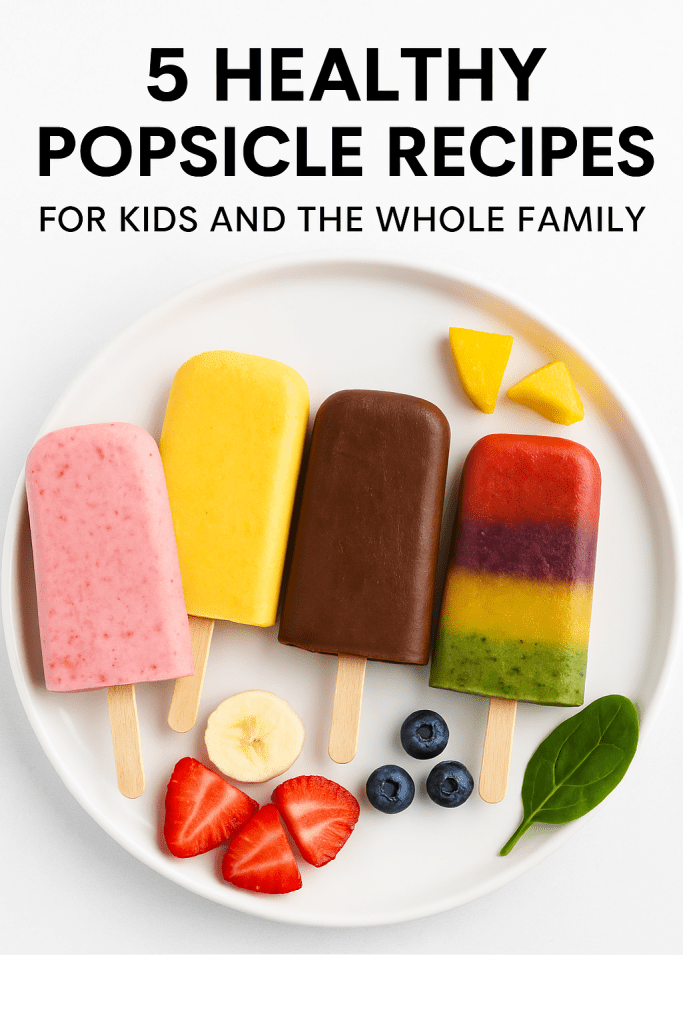 A plate displaying five colorful homemade healthy popsicles, including strawberry, mango, chocolate, and rainbow fruit flavors, accompanied by fresh fruit like strawberries, blueberries, and banana.