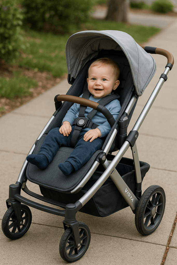 toddler smiling while sitting in a deluxe stroller